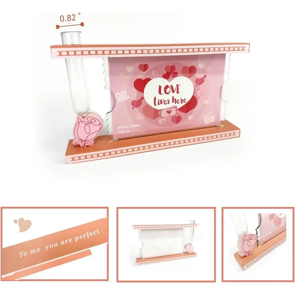 Valentine’s Day Picture Frame with Glass Vase – 4x6 Pink Floral Wood Frame Gift